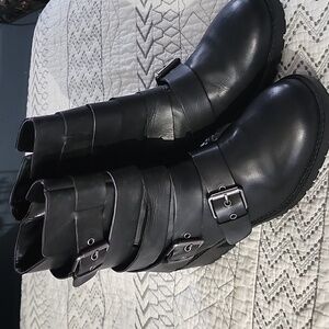 Adam Tucker Jett Black Leather Buckle Strap Ankle Boots, New Condition
